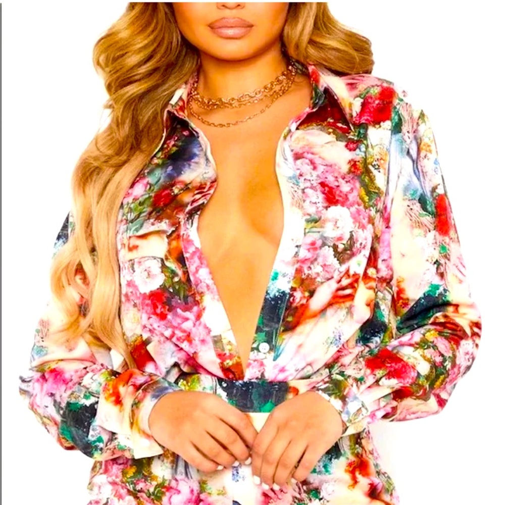 Pretty Little Thing Womens Rose Renaissance Print Button Down Oversized Blouse 6